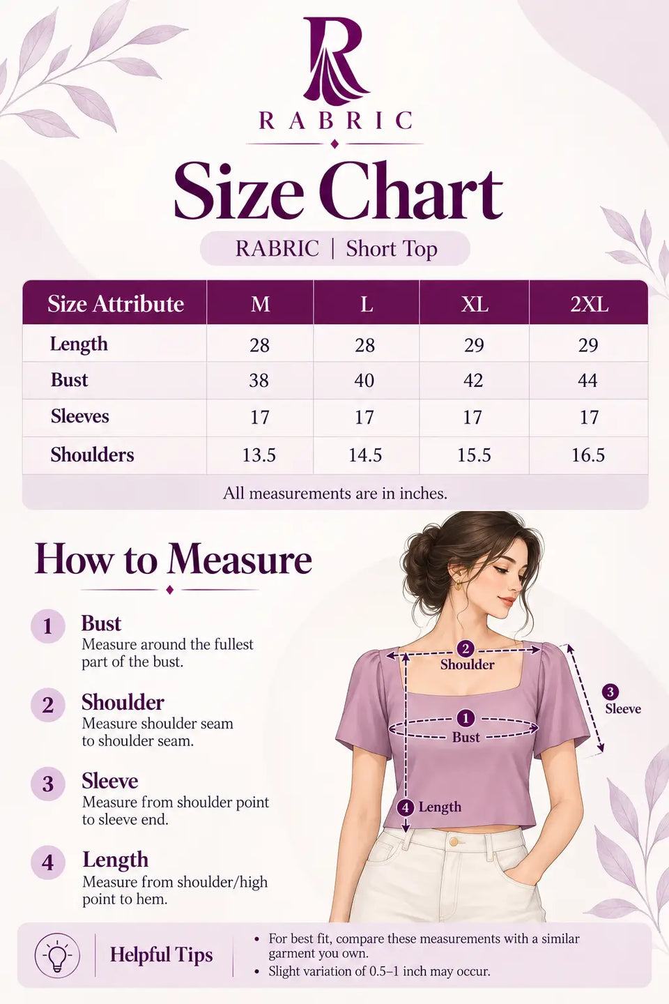 RABRIC women short top size chart for M to 2XL with bust, shoulder, sleeve and length measurement guide