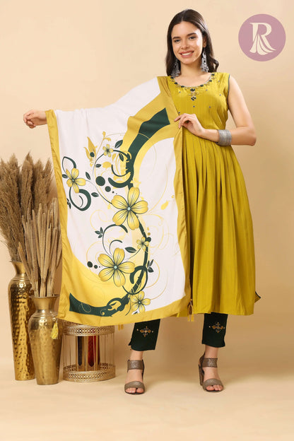 Women rayon suit with printed dupatta