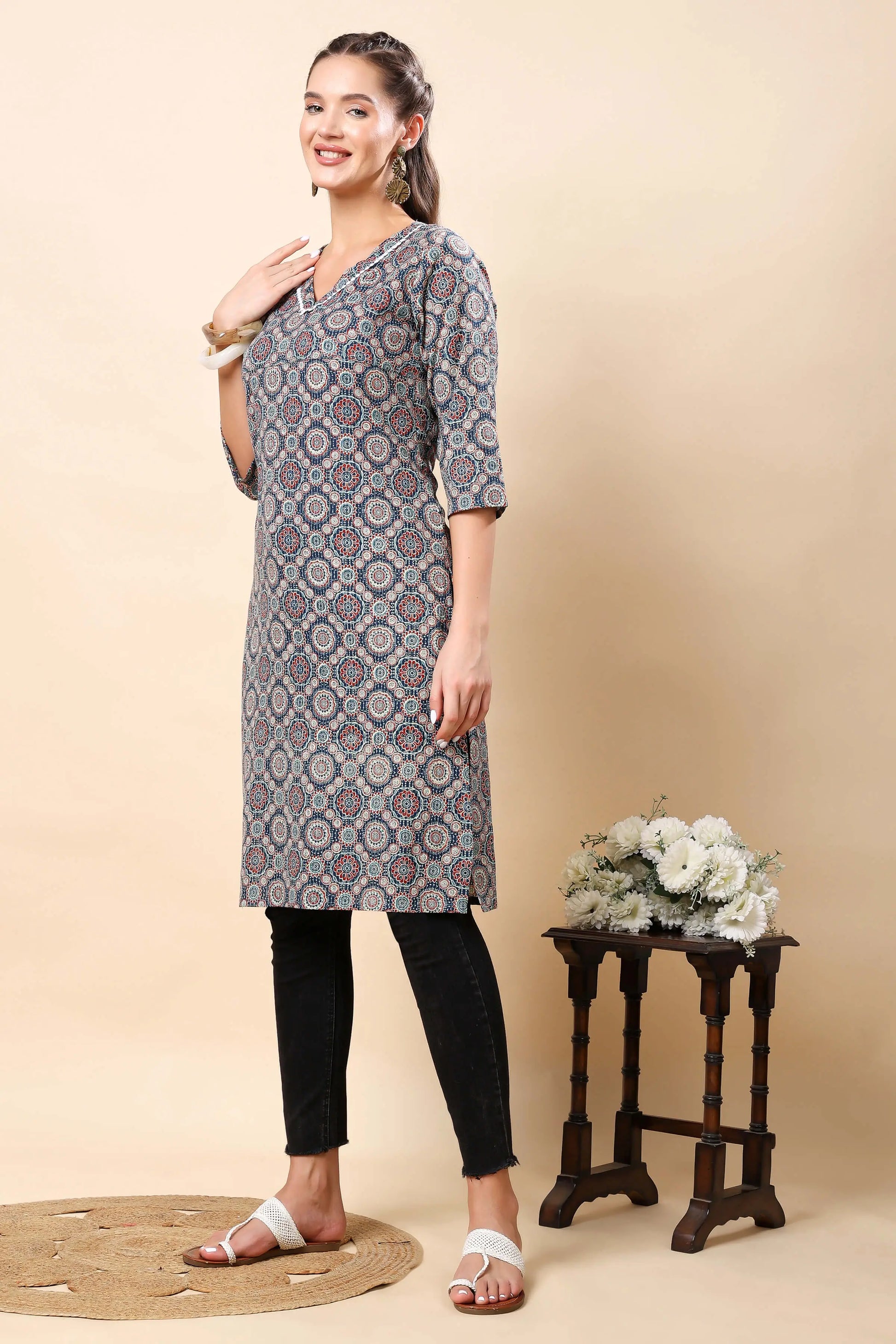 Side view of Rabric premium cotton kurti in blue and beige print