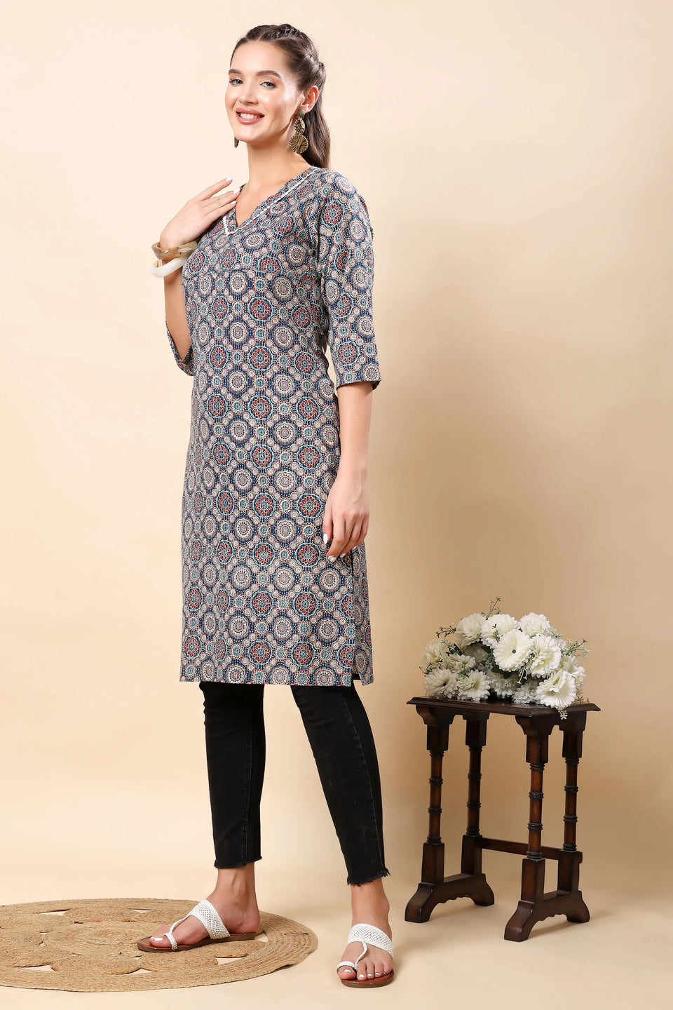 Side view of Rabric premium cotton kurti in blue and beige print