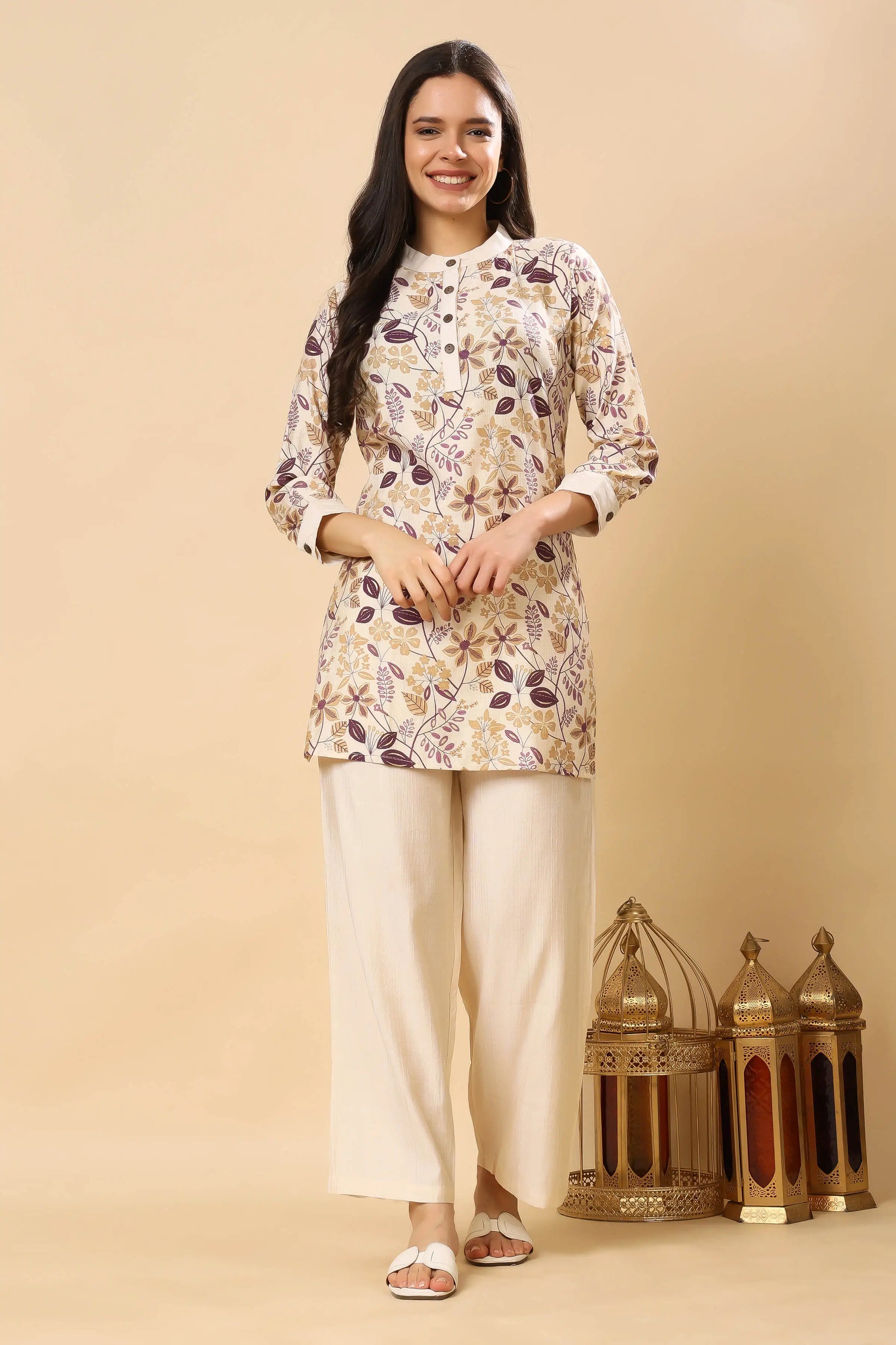 Rabric women’s vertical silk floral co-ord set in beige and purple – premium summer ethnic wear