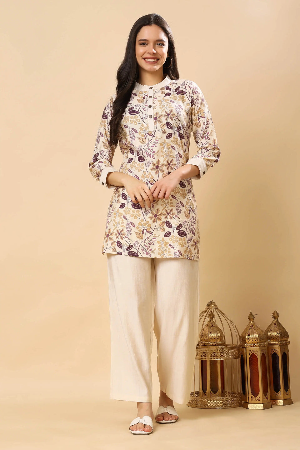 Rabric women’s vertical silk floral co-ord set in beige and purple – premium summer ethnic wear