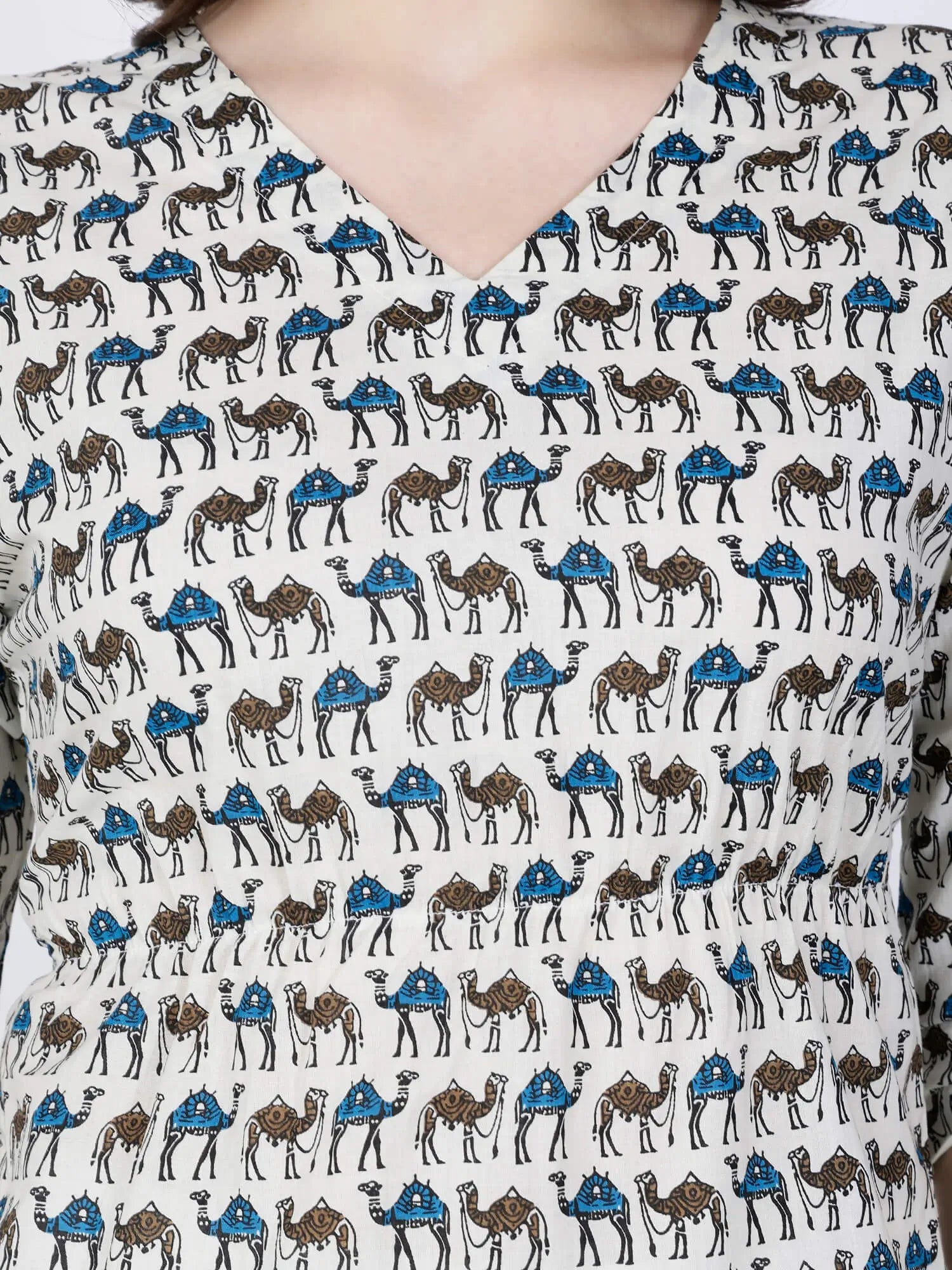 Close-up of V Neck and Elastic Waist Kurti Detailing by Rabric