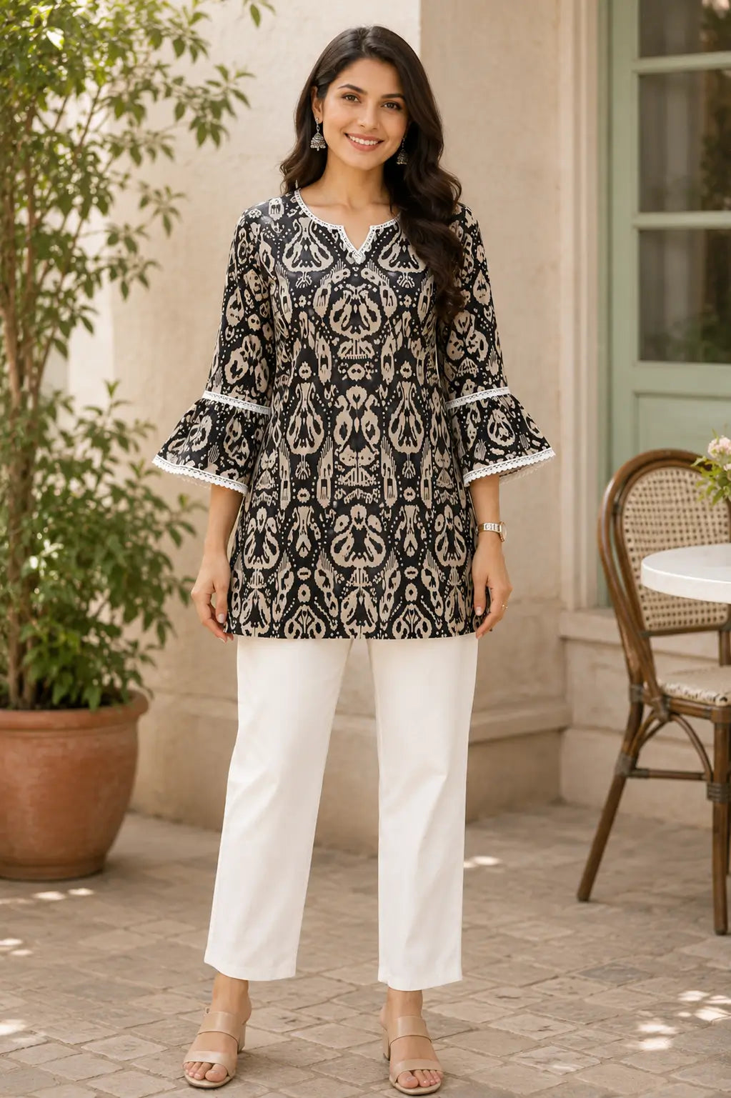 Rabric women black and beige cotton short kurti with 3/4 bell sleeves and lace detailing front view casual ethnic wear top