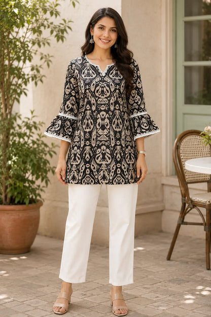 Rabric women black and beige cotton short kurti with 3/4 bell sleeves and lace detailing front view casual ethnic wear top