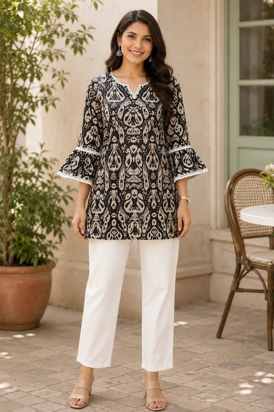 Rabric women black and beige cotton short kurti with 3/4 bell sleeves and lace detailing front view casual ethnic wear top