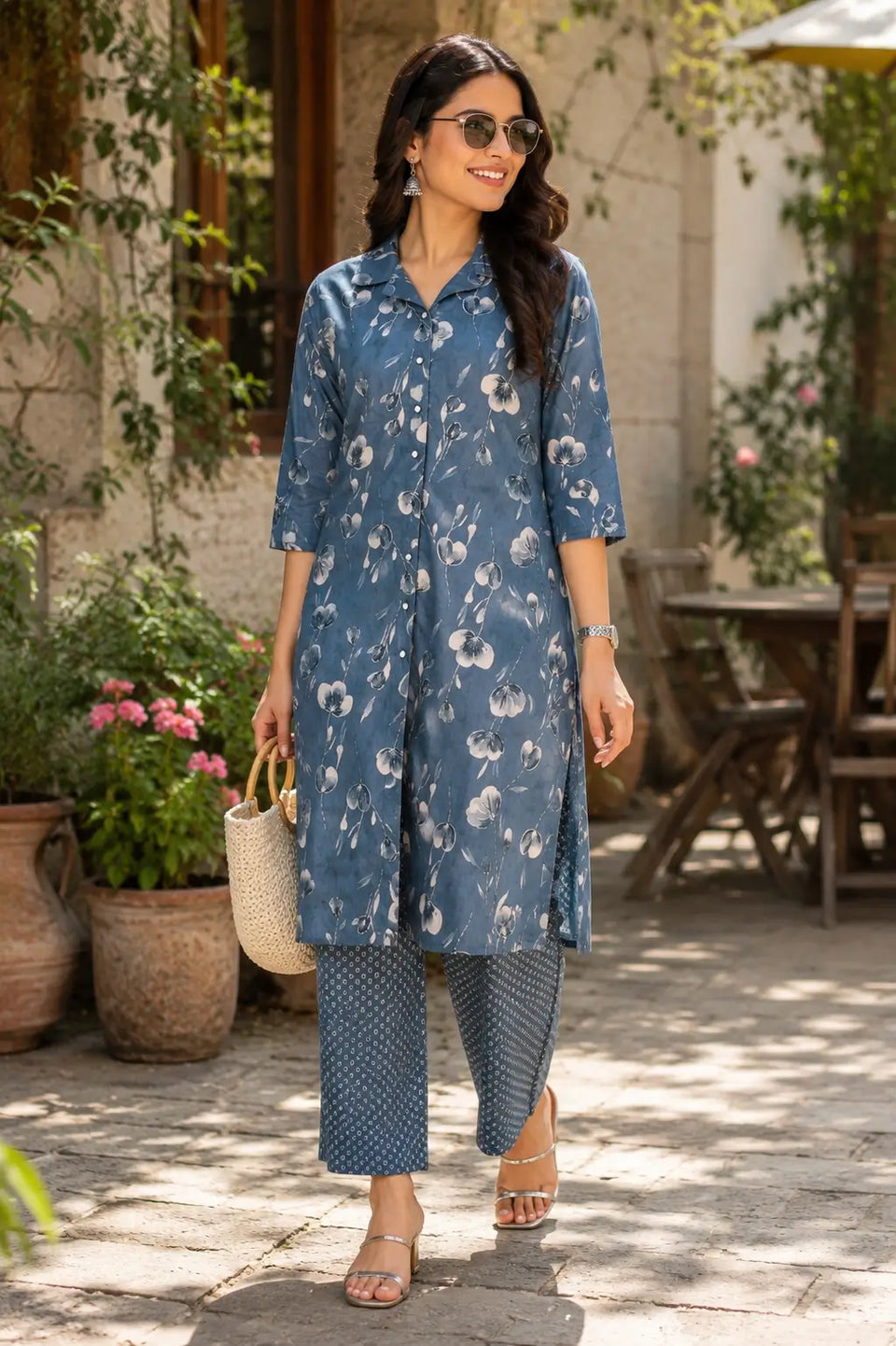 Women’s blue floral cotton co-ord set by RABRIC styled for casual summer wear
