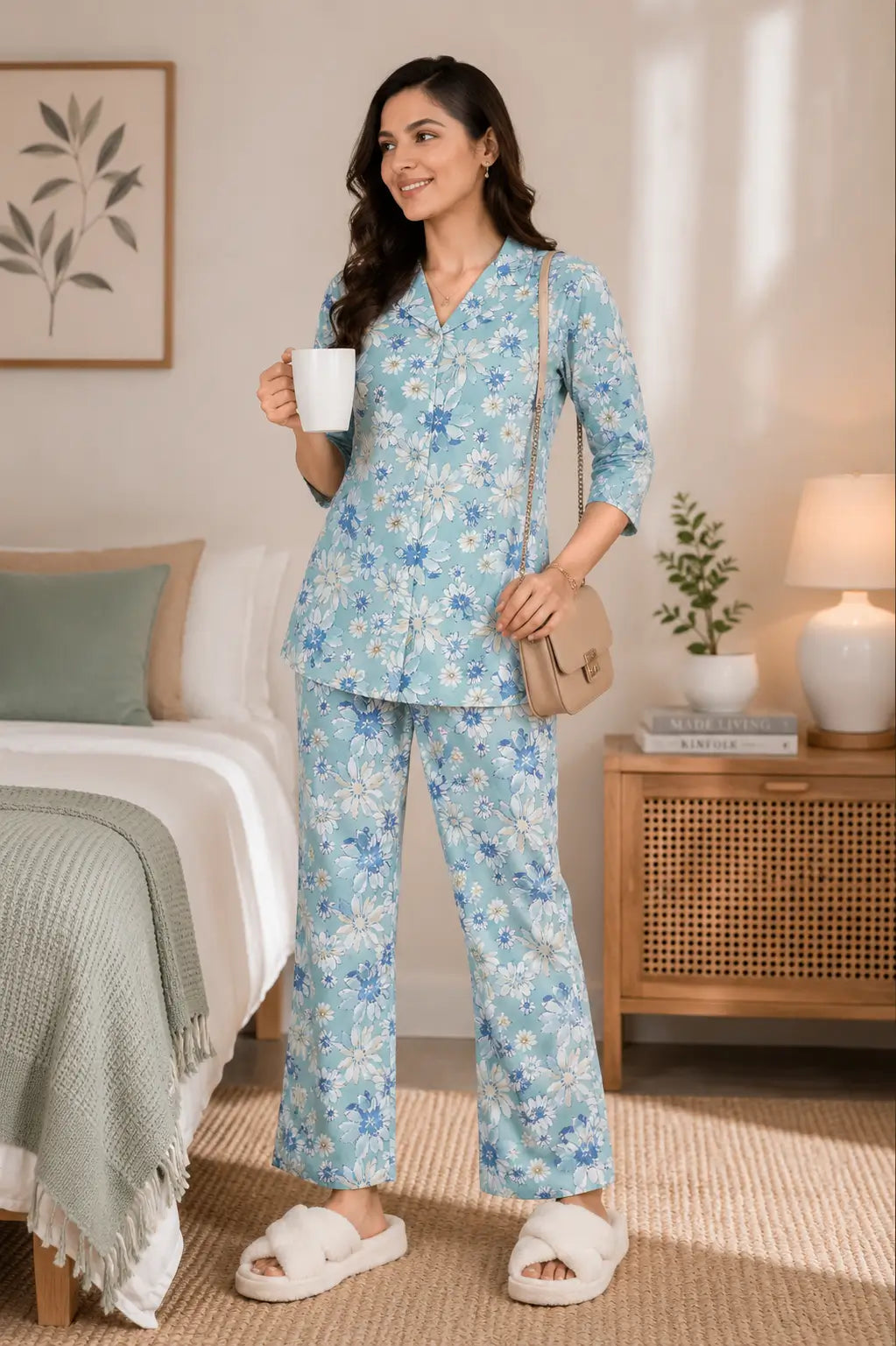 Rabric women blue floral glace cotton night suit co-ord set lifestyle image in cozy bedroom setting