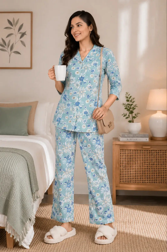 Rabric women blue floral glace cotton night suit co-ord set lifestyle image in cozy bedroom setting