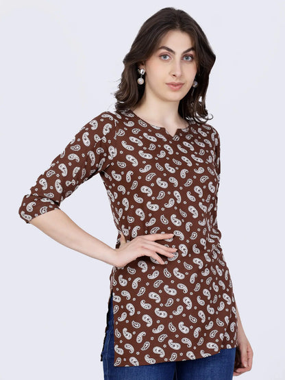 Side View of Rabric Premium Brown Short Kurti Top