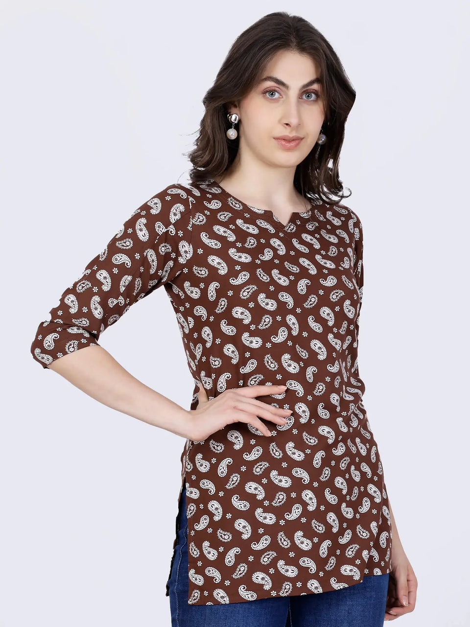 Side View of Rabric Premium Brown Short Kurti Top