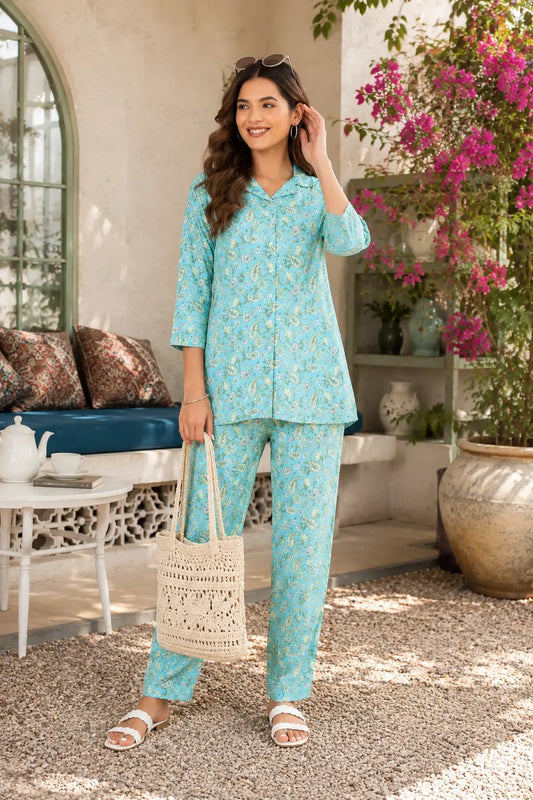 Women’s casual sky blue rayon paisley floral co-ord set outdoor lifestyle look with comfortable summer styling