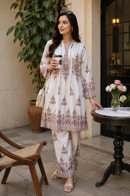 Stylish Indian woman wearing Rabric off white cotton co-ord set with brown ethnic floral print in elegant casual lifestyle setting