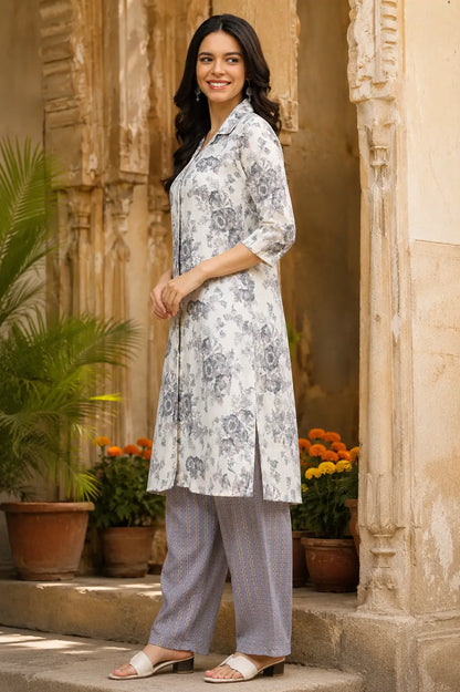 Side view of RABRIC women's soft cotton floral kurta and pant coord set