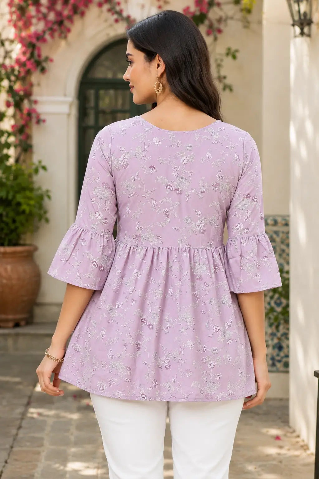 Back side of Rabric women lavender floral cotton short kurti with flared fit and 3/4 sleeves