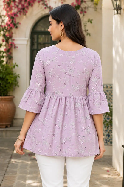 Back side of Rabric women lavender floral cotton short kurti with flared fit and 3/4 sleeves