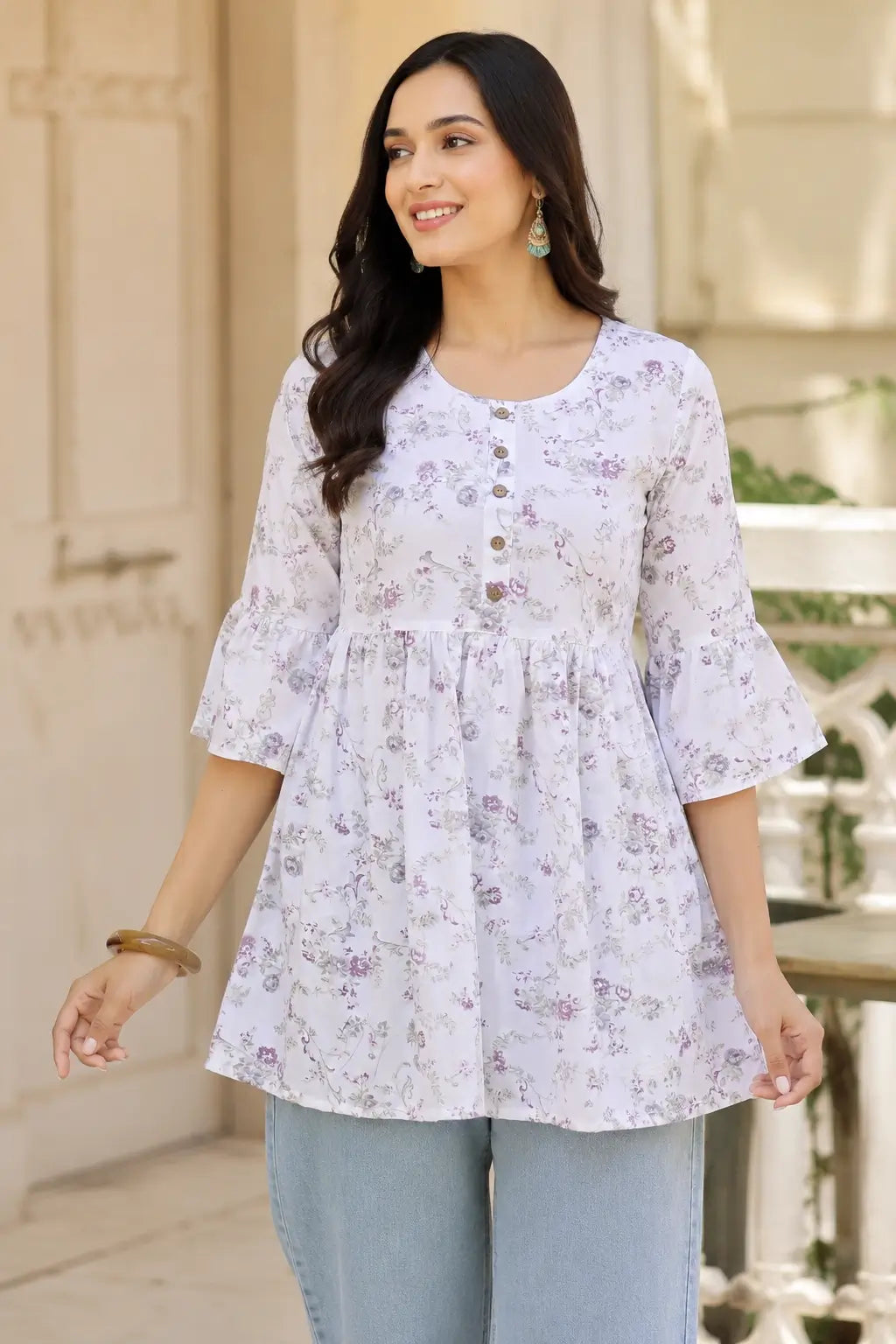 Rabric women’s cotton floral short kurti top front view in lavender print with 3/4 bell sleeves and flared casual fit