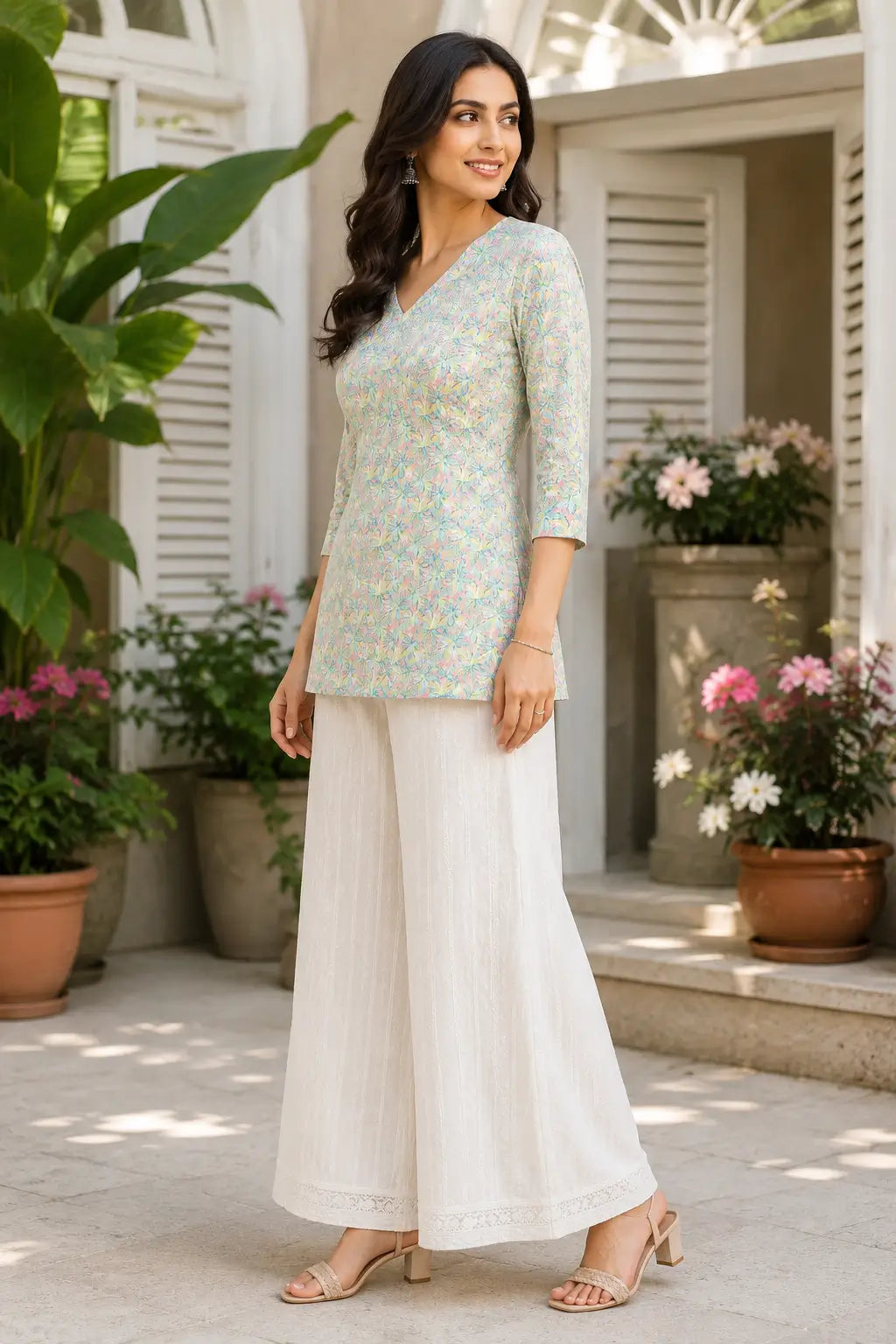 Side angle view of Rabric women cotton floral short top with V neck and white palazzo styling for casual ethnic fashion