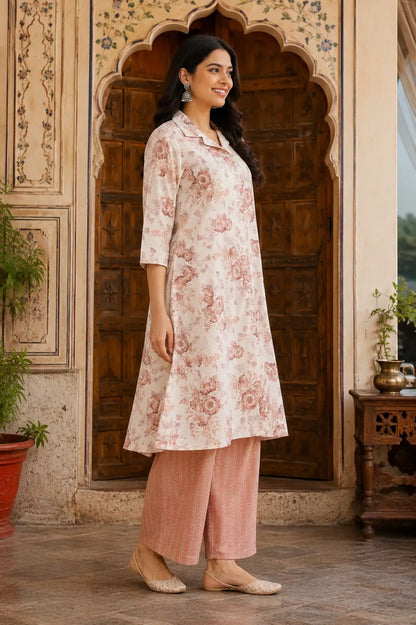 Side view of RABRIC women cotton floral kurta and palazzo set in elegant pastel pink ethnic fashion