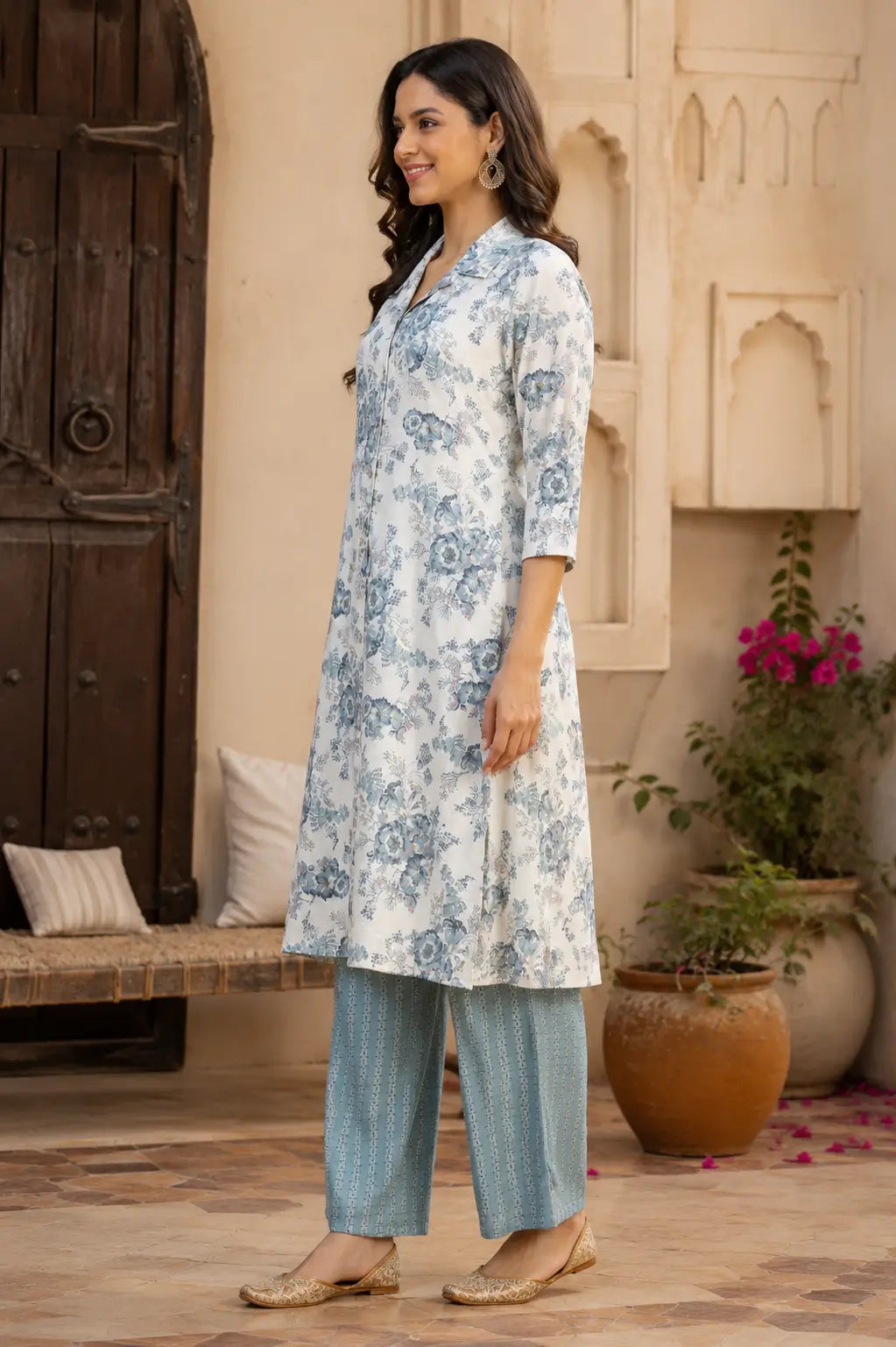 Side profile of RABRIC floral cotton kurta pant set for women in elegant pastel blue print