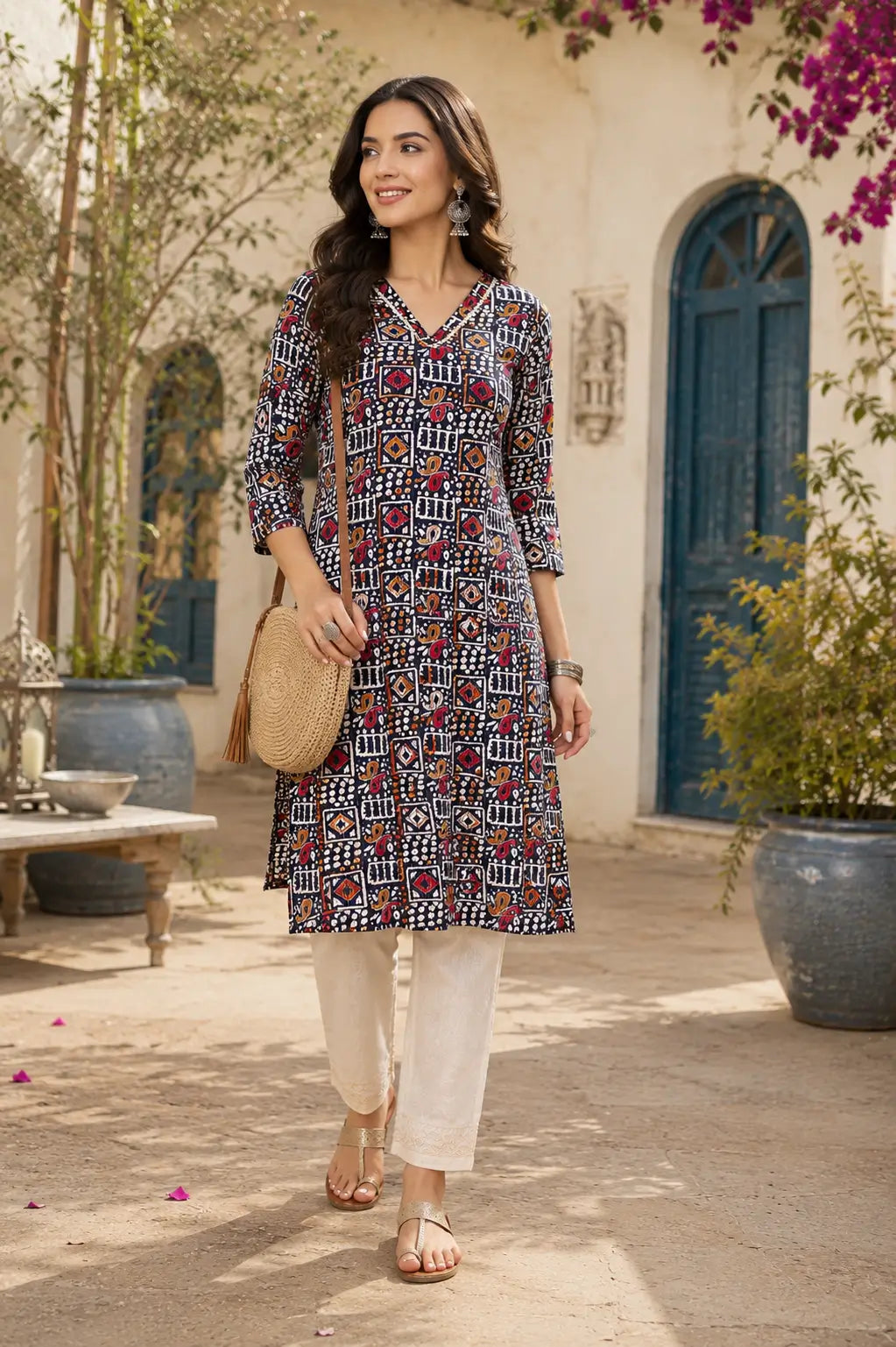 Modern Indian style women cotton printed kurti in navy blue color by Rabric with trendy ethnic design