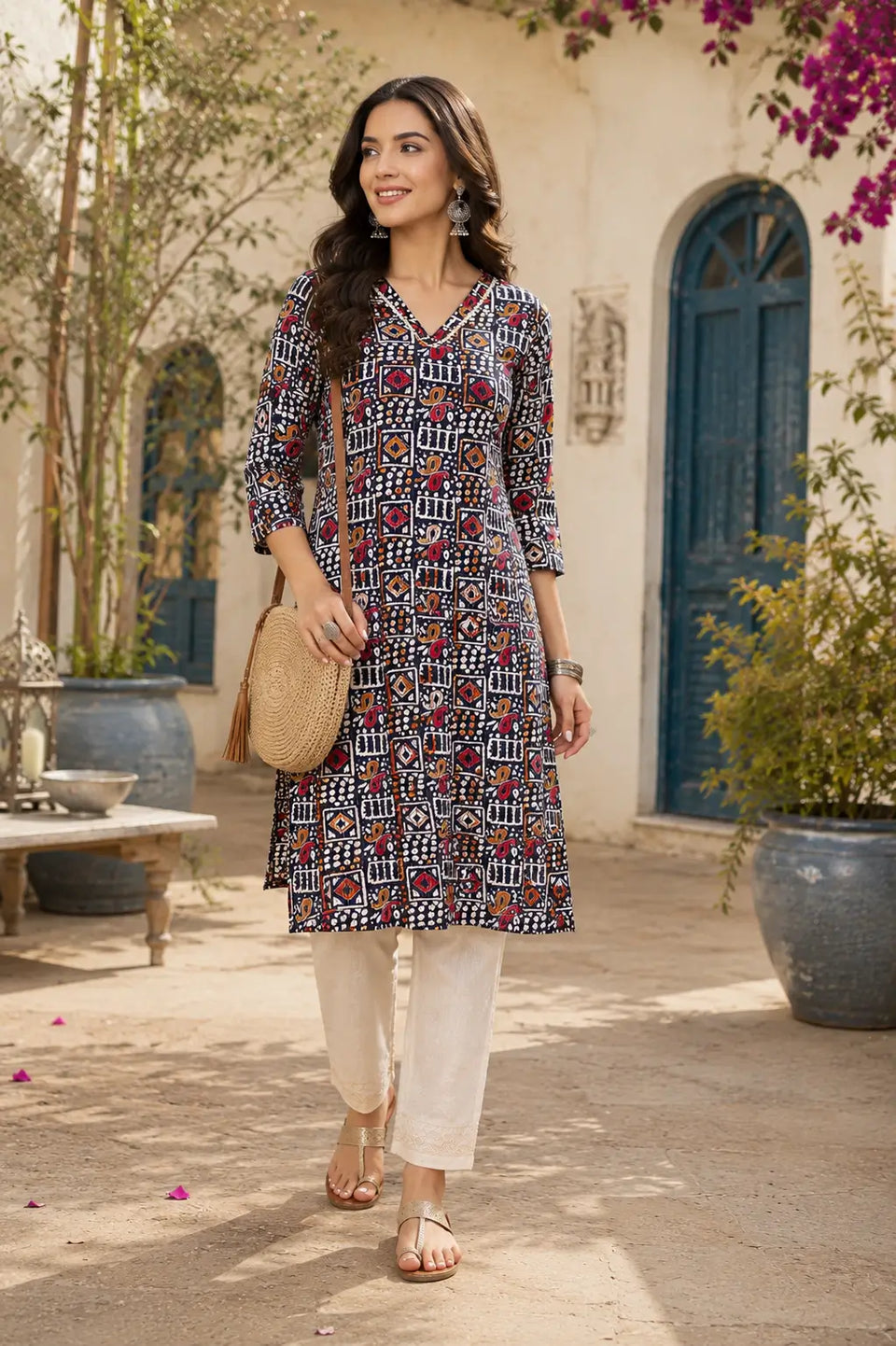 Modern Indian style women cotton printed kurti in navy blue color by Rabric with trendy ethnic design