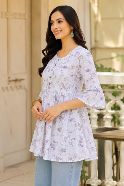 Side angle view of Rabric women’s cotton floral short top with flared silhouette and casual stylish fit