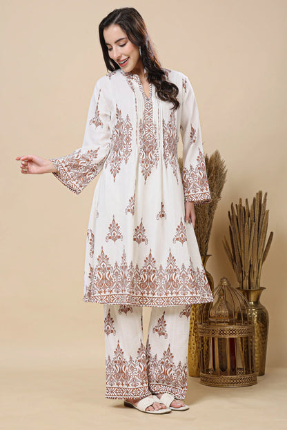 Rabric Premium Mul Cotton Floral Co-ord Set for Women – White & Brown Printed Long Kurti with Straight Pants | Breathable Summer Ethnic Co-ord Set