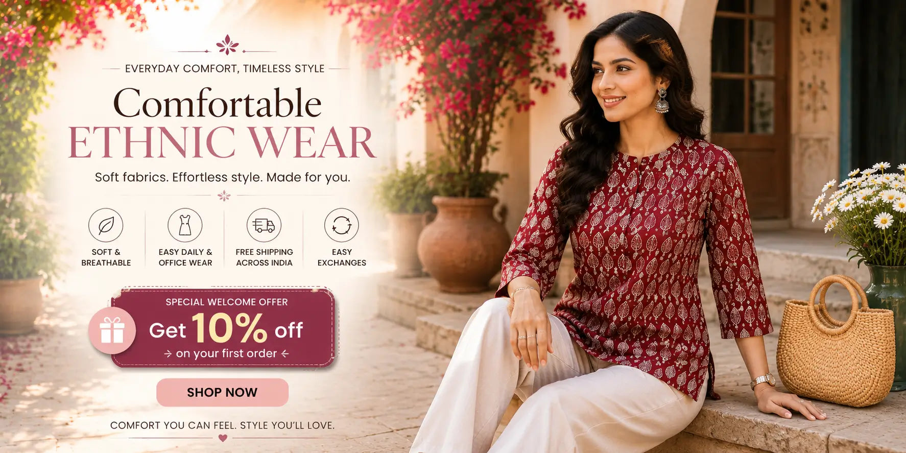 Women ethnic wear online banner with soft cotton kurti and 10 percent off first order offer by Rabric