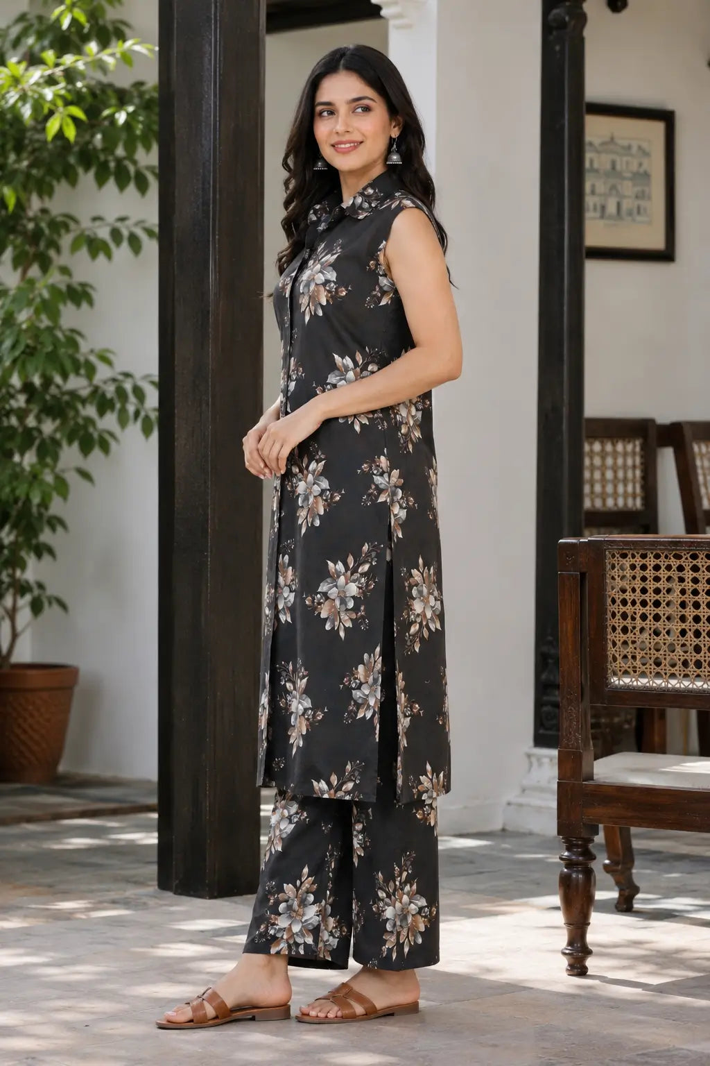 Side view of Rabric women’s black floral co-ord set with wide pants