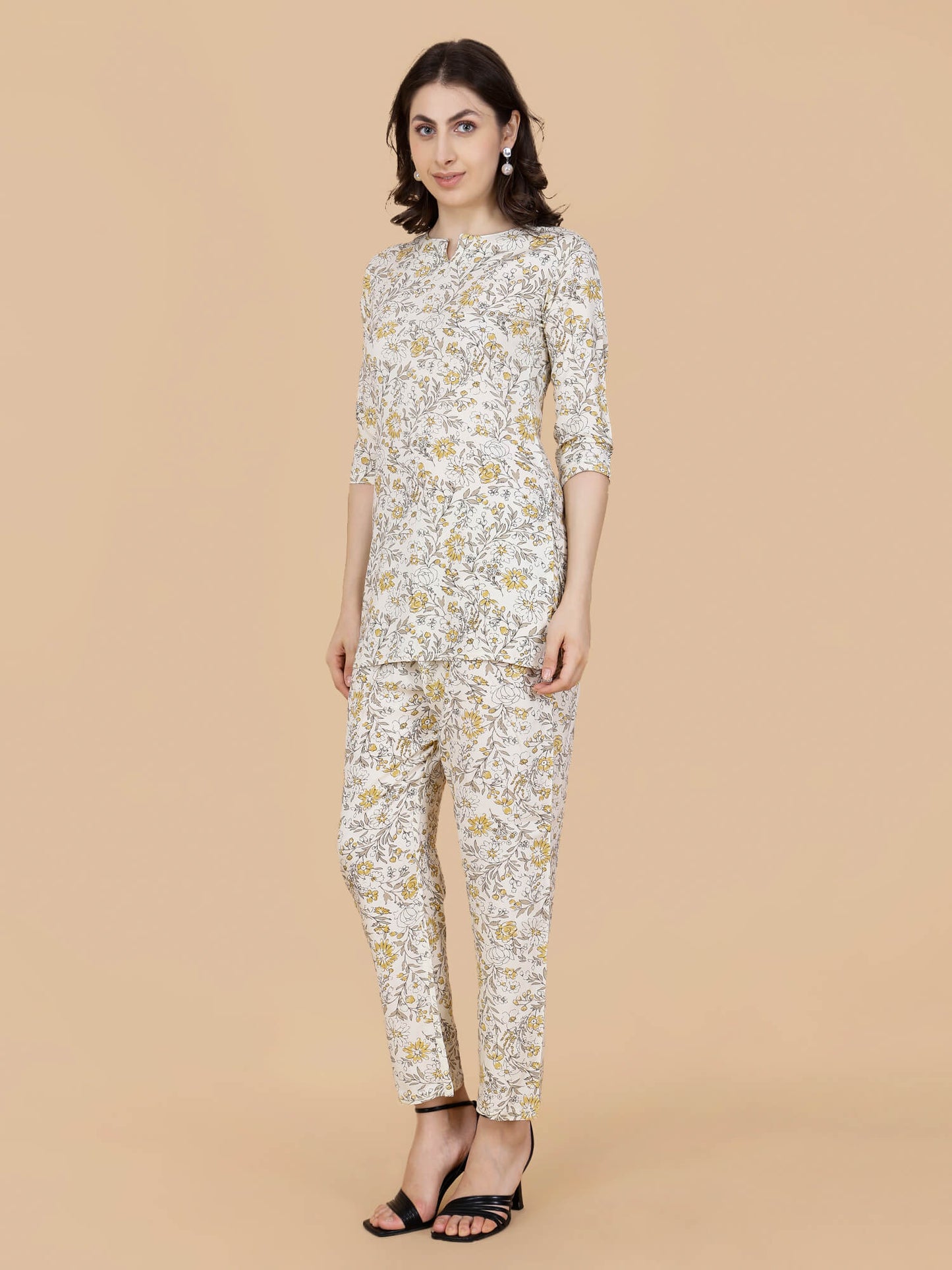 Women wearing premium floral printed rayon loungewear by Rabric