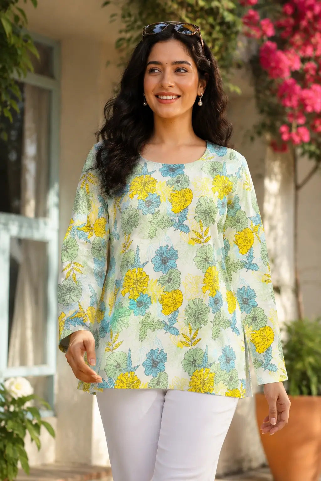 RABRIC women’s floral printed cotton top in pastel yellow blue and green with full sleeves front view