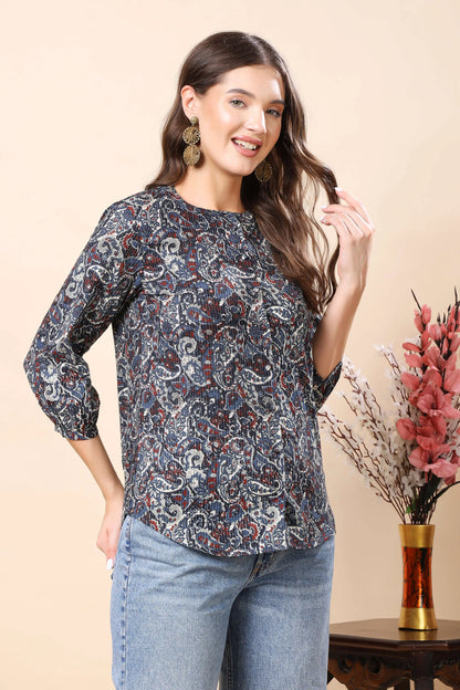 Stylish floral printed shirt top for women with 3/4 sleeves