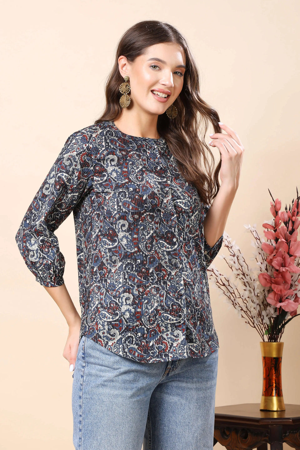 Stylish floral printed shirt top for women with 3/4 sleeves