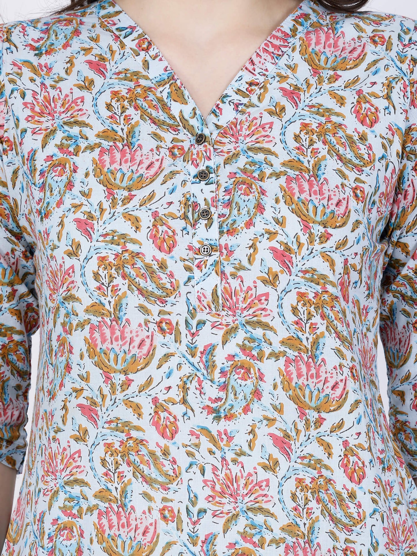 Close-up of Floral Print and Fabric Texture of Short Kurti