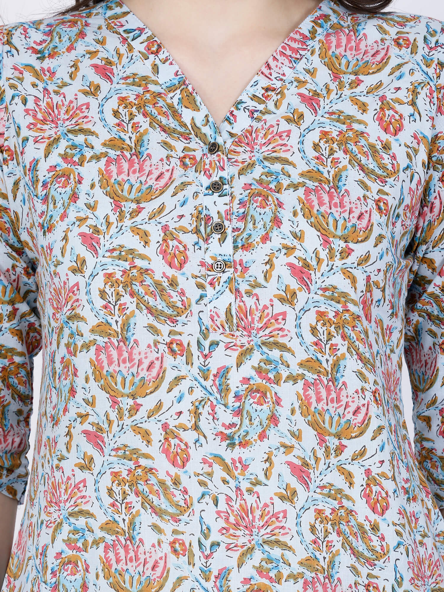 Close-up of Floral Print and Fabric Texture of Short Kurti