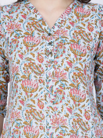Close-up of Floral Print and Fabric Texture of Short Kurti