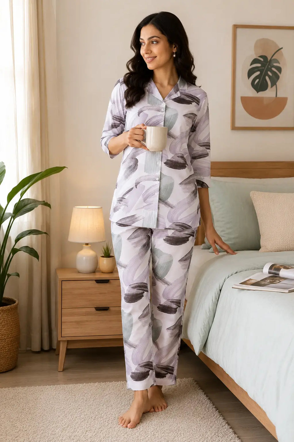 Rabric women’s glace cotton co-ord loungewear set styled in cozy bedroom lifestyle shoot featuring elegant lilac grey nightwear fashion
