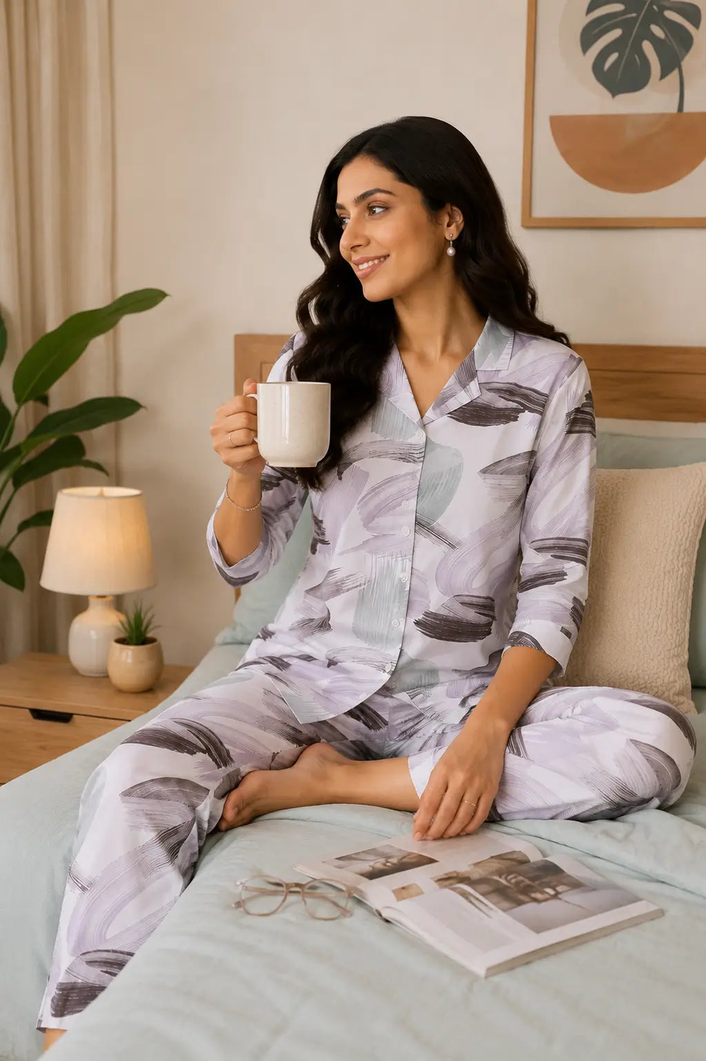 Women’s Rabric glace cotton sleepwear pajama co-ord set in casual sitting pose with cozy bedroom styling and soft breathable fabric
