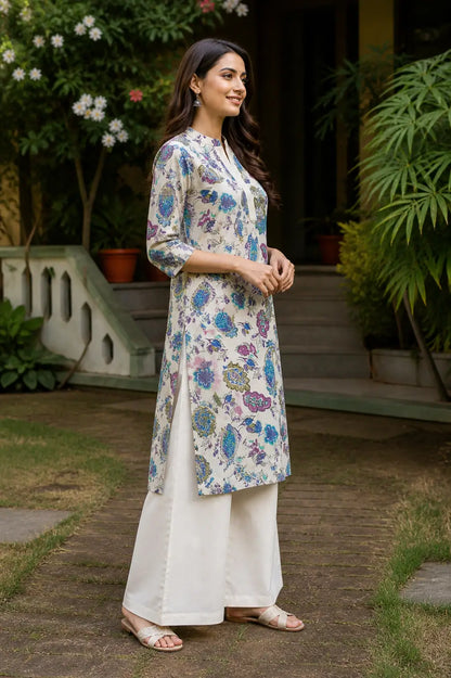 Side angle of floral printed cotton flex kurta pant set for women with elegant fit