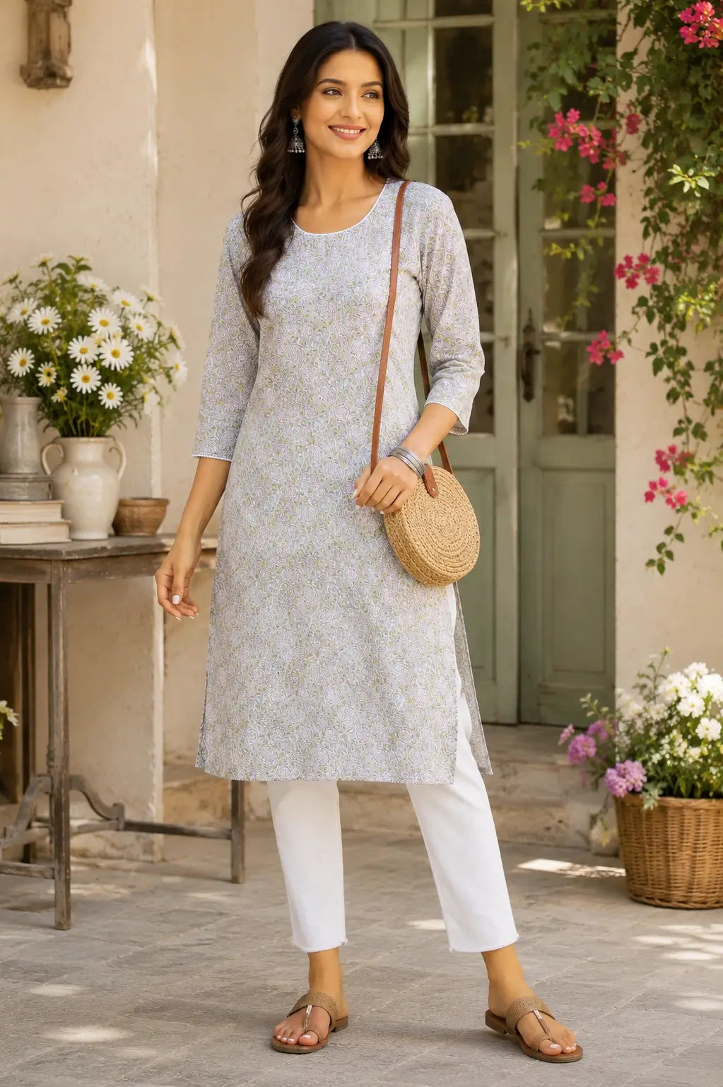 Rabric women light green floral cotton kurti casual lifestyle look with modern ethnic styling and comfortable straight pants