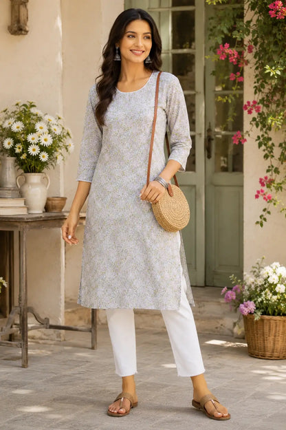 Rabric women light green floral cotton kurti casual lifestyle look with modern ethnic styling and comfortable straight pants
