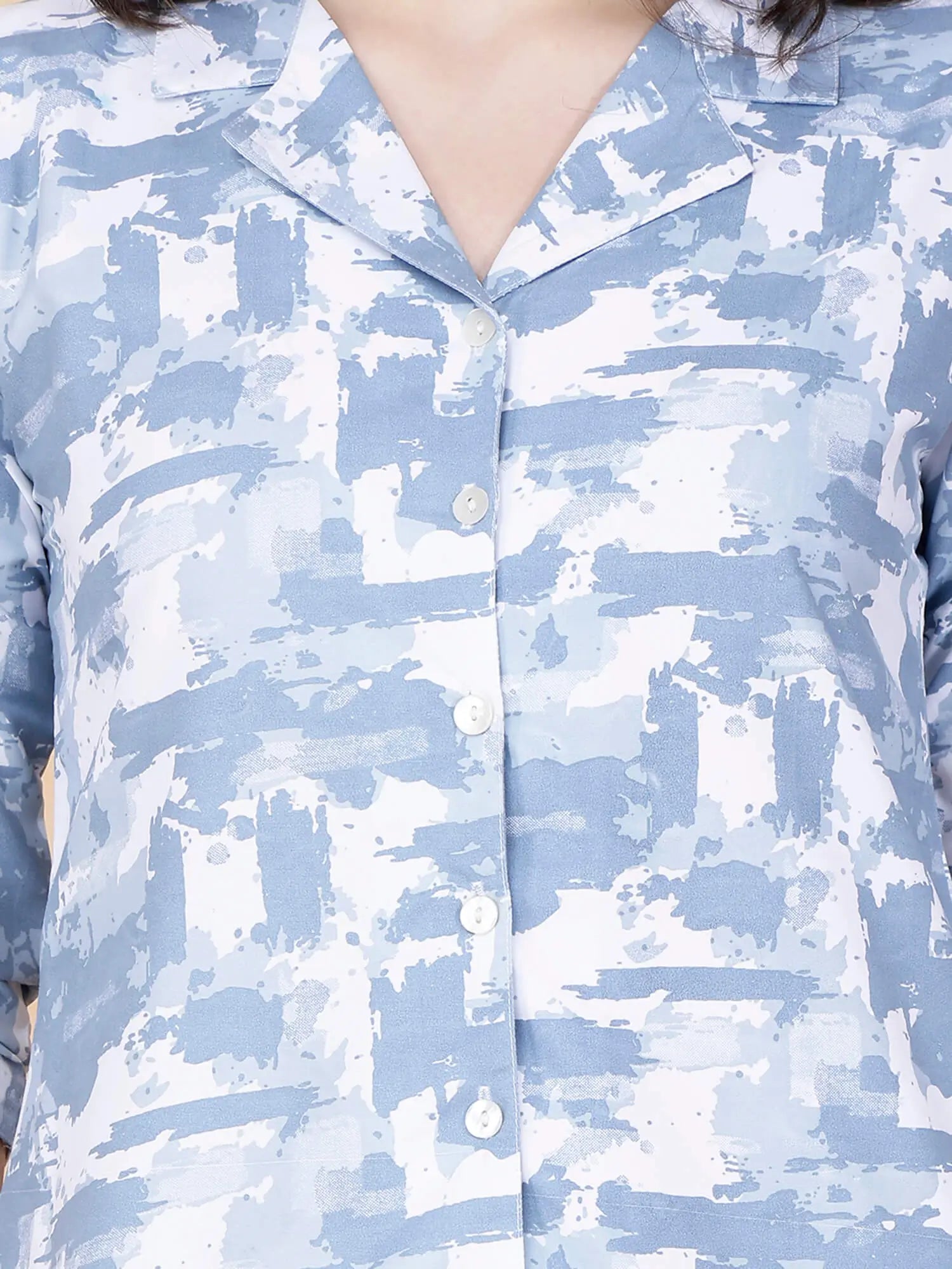 Rabric Blue and White Printed Loungewear Set with Collar and Buttons