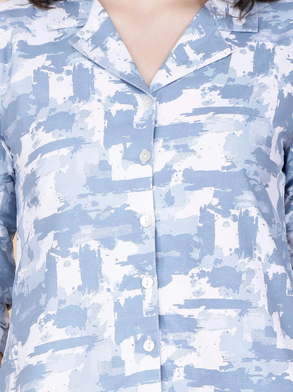 Rabric Blue and White Printed Loungewear Set with Collar and Buttons