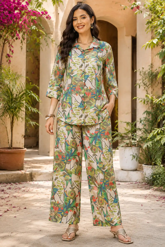 Rabric women multicolor floral rayon co-ord set front view with 3/4 sleeves and wide leg pants stylish casual loungewear for women