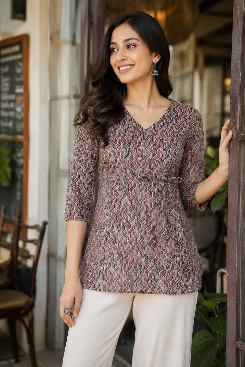 Rabric women multicolor wave print cotton short top front view with V neck and 3-4 sleeves stylish casual cambric cotton top for women