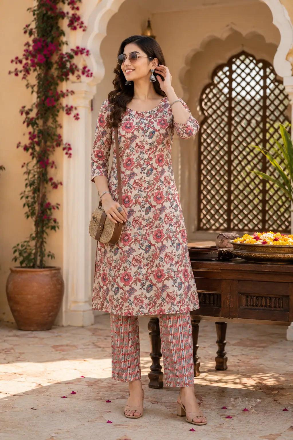Rabric womens off white cotton kurta pant set with floral print suitable for casual and festive ethnic wear