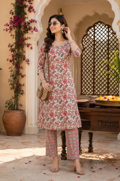 Rabric womens off white cotton kurta pant set with floral print suitable for casual and festive ethnic wear