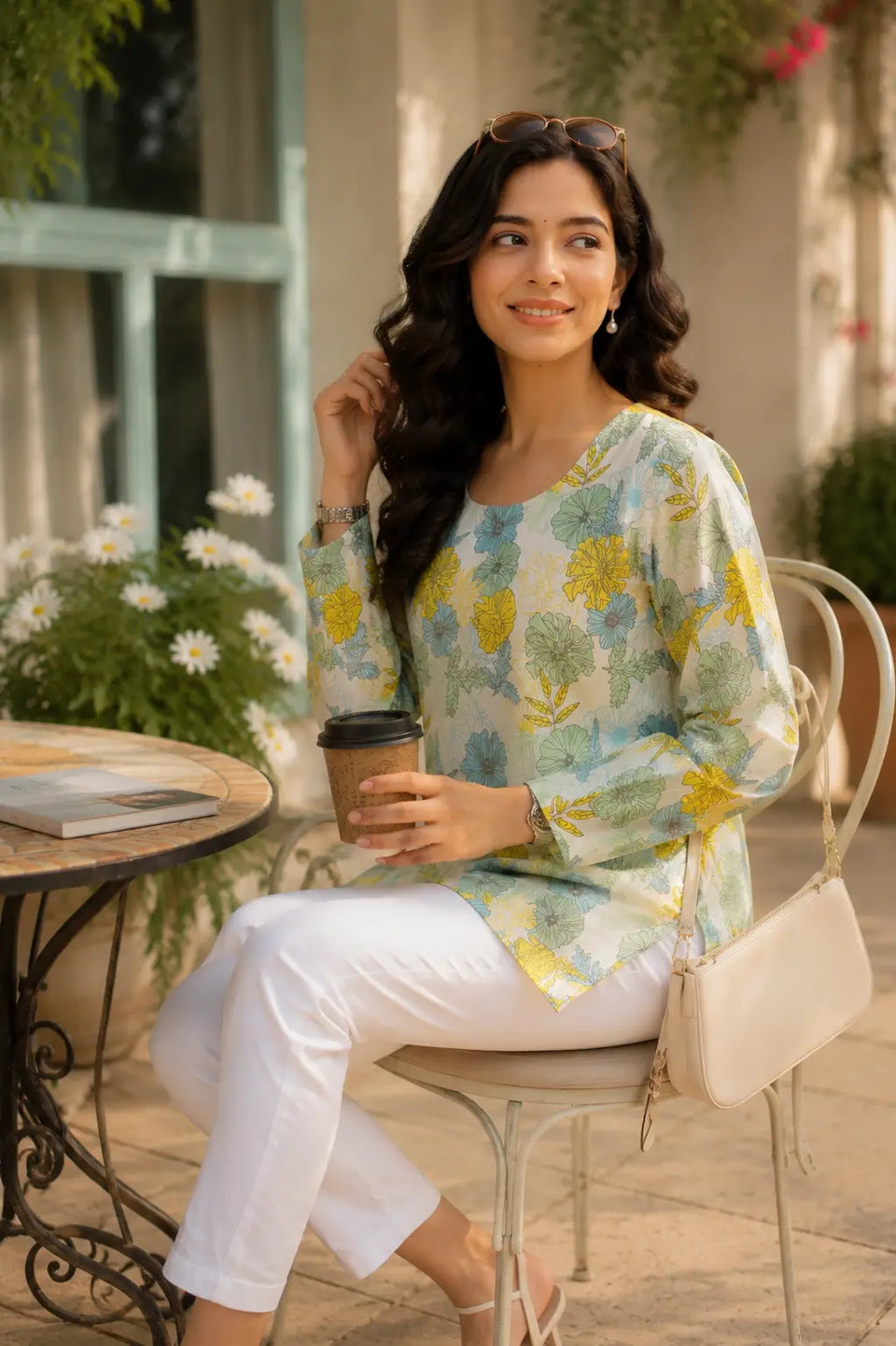 Woman wearing RABRIC pastel floral printed top with white trousers in a chic café setting