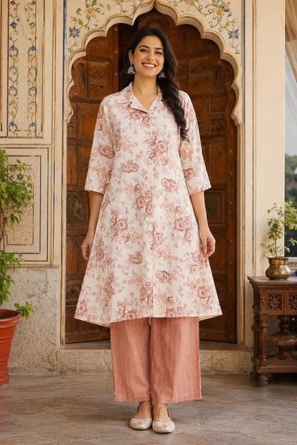 RABRIC women pink floral cotton kurta palazzo set front view with soft pastel print and comfortable ethnic wear styling